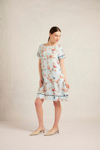 Connie Linen Dress in Ice Blue Blossom