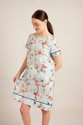 Connie Linen Dress in Ice Blue Blossom