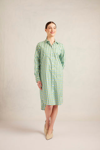 Shirtmaker Cotton Dress in Cornflower Gingham