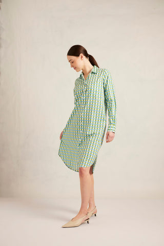 Shirtmaker Cotton Dress in Cornflower Gingham