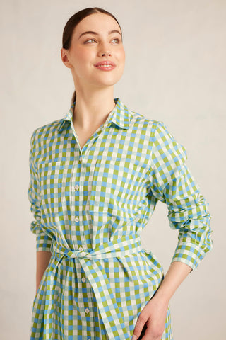 Shirtmaker Cotton Dress in Cornflower Gingham