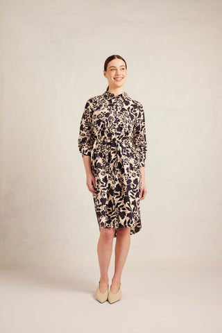 Shirtmaker Cotton Dress in Indigo Wallflower Print