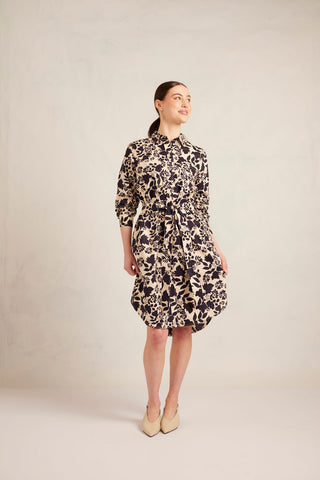 Shirtmaker Cotton Dress in Indigo Wallflower Print