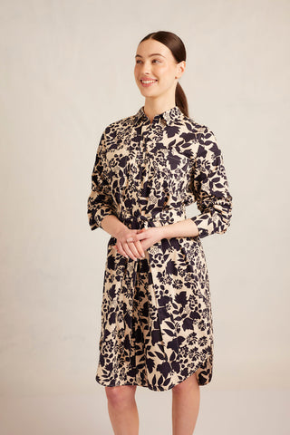 Shirtmaker Cotton Dress in Indigo Wallflower Print