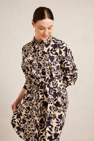 Shirtmaker Cotton Dress in Indigo Wallflower Print