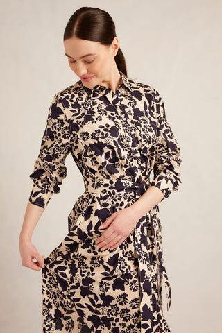 Shirtmaker Cotton Dress in Indigo Wallflower Print