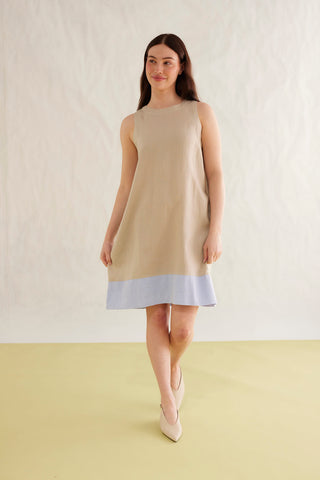 Lenna Linen Splice Dress In Sand