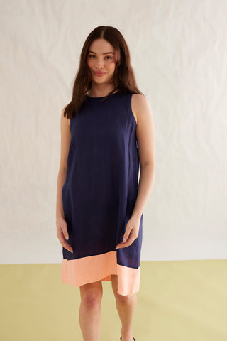 Lenna Linen Splice Dress In Royal