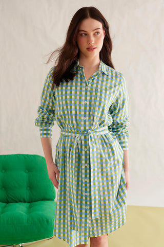 Shirtmaker Cotton Dress in Cornflower Gingham