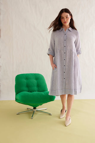 Maxine Linen Dress in Navy Stripe