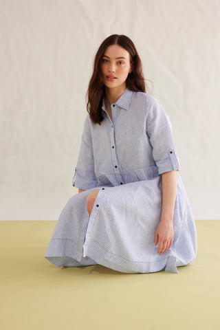 Maxine Linen Dress in Blue Stripe