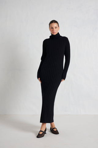 Alessandra Knitwear Valerie Merino Cashmere Polo Dress in Black