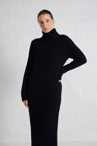 Valerie Merino Cashmere Polo Dress in Black