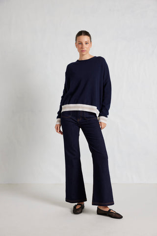 Sandrine Merino Cashmere Sweater in Navy/White