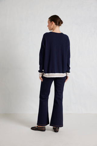 Sandrine Merino Cashmere Sweater in Navy/White