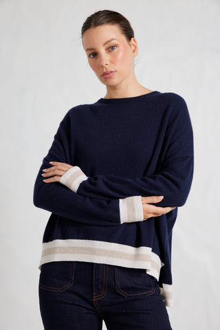 Sandrine Merino Cashmere Sweater in Navy/White