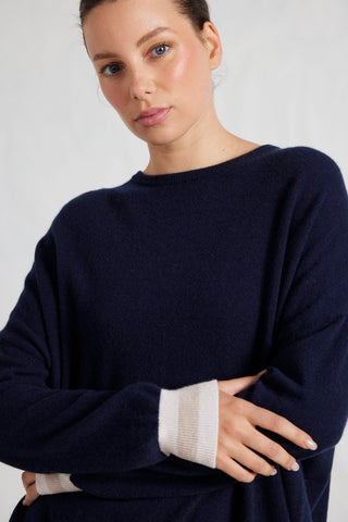 Sandrine Merino Cashmere Sweater in Navy/White