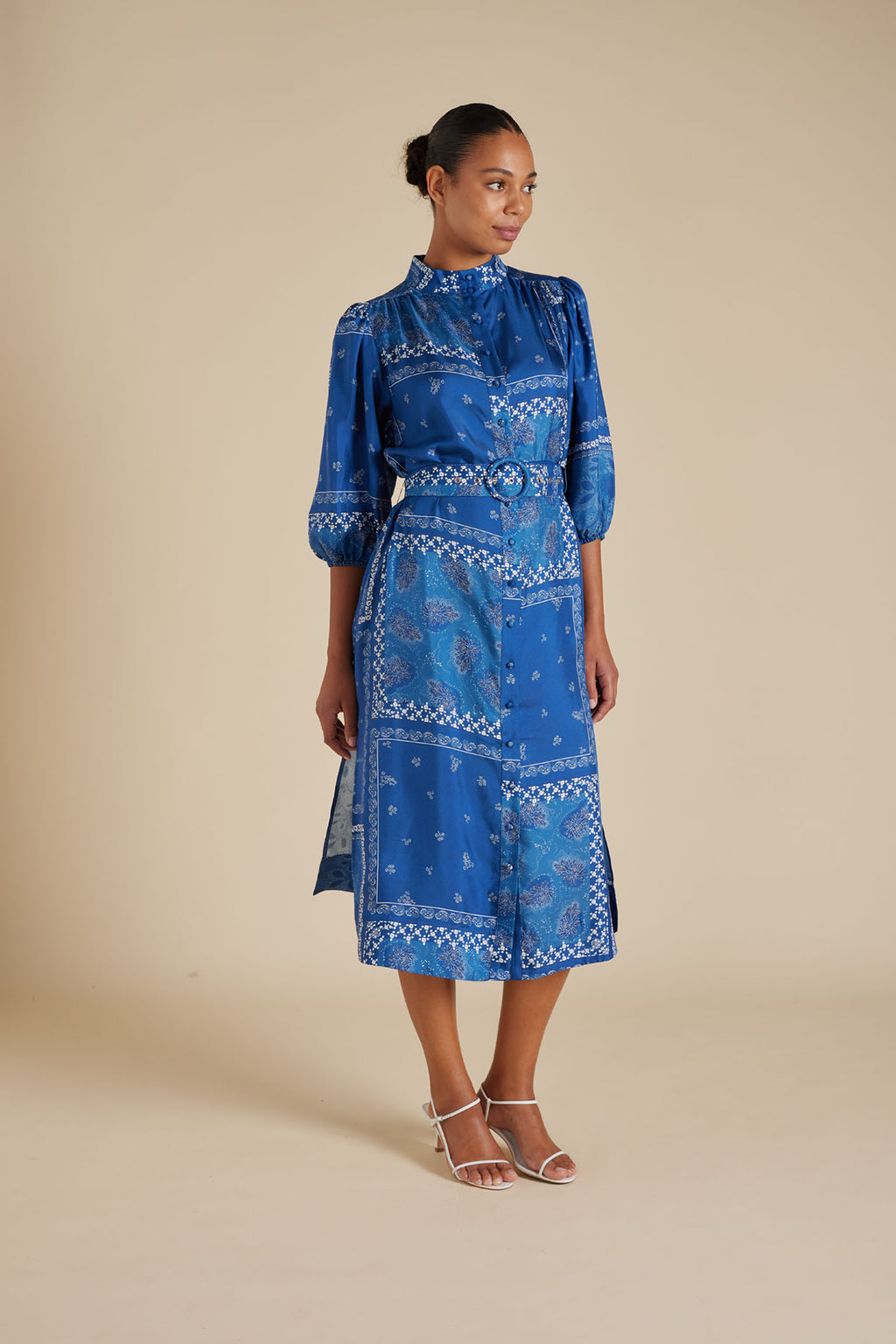 Alessandra Lyon Silk Twill Dress in Navy Blue