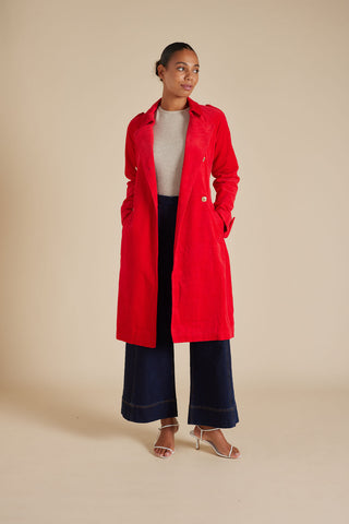 Darcy Corduroy Trench Coat in Red