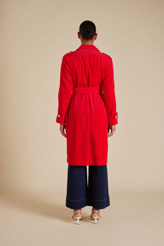 Darcy Corduroy Trench Coat in Red