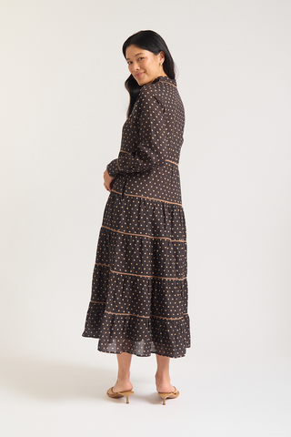 Long Sleeve Marlow Ramie Dress In Choc/Beige Spot
