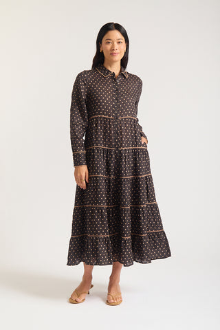 Long Sleeve Marlow Ramie Dress In Choc/Beige Spot