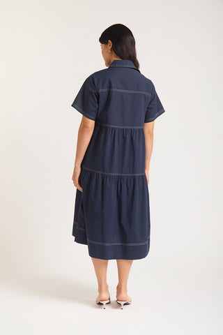 Hazel Poplin Midi Dress In Navy