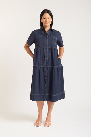Hazel Poplin Midi Dress In Navy