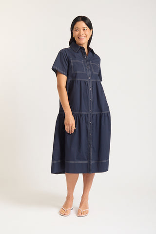 Hazel Poplin Midi Dress In Navy
