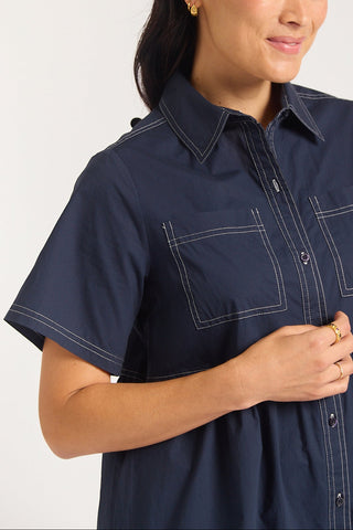 Hazel Poplin Midi Dress In Navy