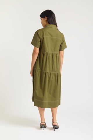 Hazel Poplin Midi Dress In Olive