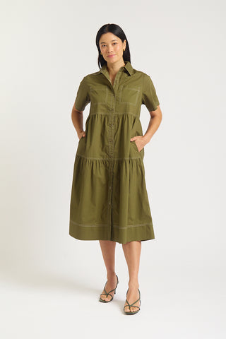 Hazel Poplin Midi Dress In Olive