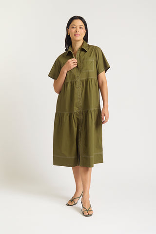 Hazel Poplin Midi Dress In Olive