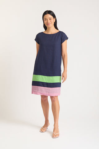 Connie Splice Linen Dress In Navy