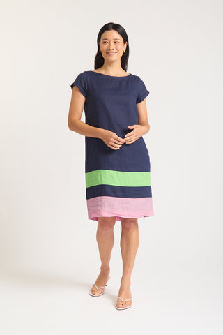 Connie Splice Linen Dress In Navy
