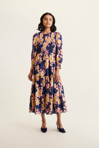 Reagan Cotton Silk Dress In Navy Lulu Print