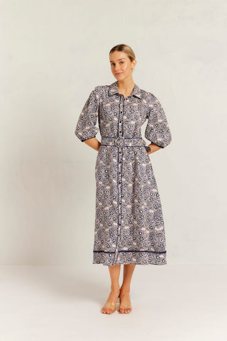 Chloe Linen Dress in Navy Raya Print