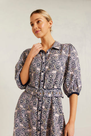 Chloe Linen Dress in Navy Raya Print