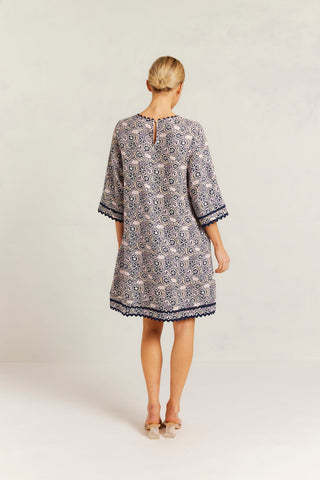 Claire Linen Dress in Navy Raya Print