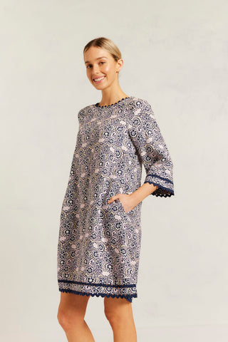 Claire Linen Dress in Navy Raya Print