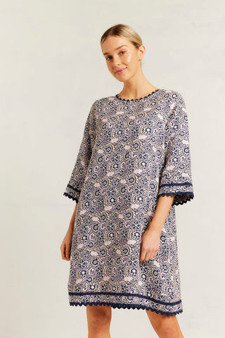 Claire Linen Dress in Navy Raya Print