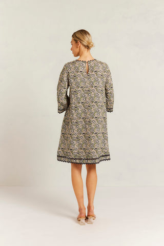 Claire Linen Dress in Black Raya Print