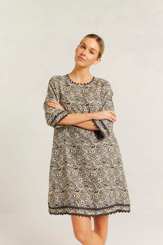 Claire Linen Dress in Black Raya Print