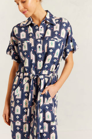 Caden Linen Dress in Navy Eden Print