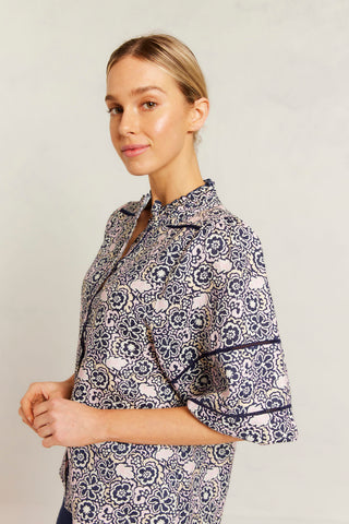 Lia Linen Shirt in Navy Raya Print