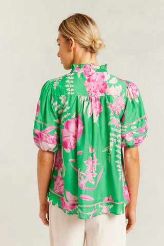 Perla Cotton Silk Top in Spring Green Night Garden Print