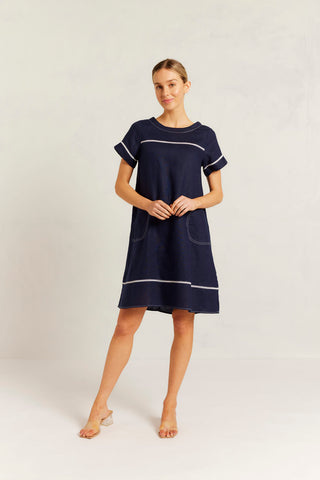 Laine Linen Dress in Navy