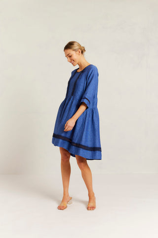 Babydoll Lace Linen Dress in Denim