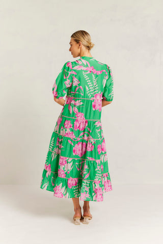 Martina Cotton Silk Dress in Spring Green Night Garden Print