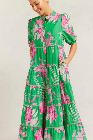 Martina Cotton Silk Dress in Spring Green Night Garden Print